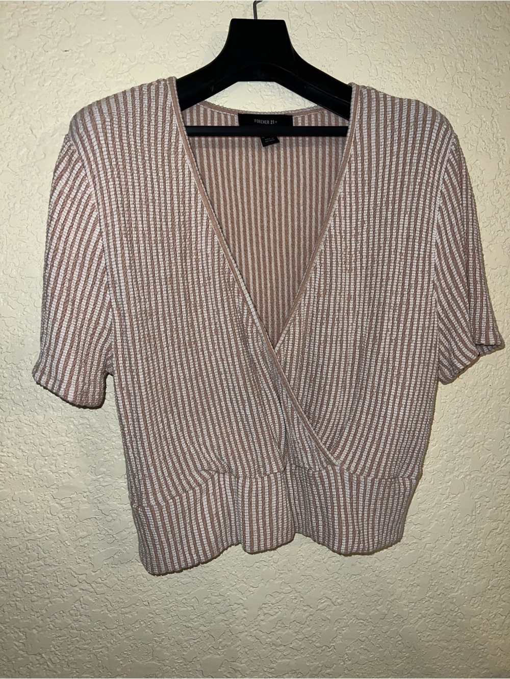 Forever 21 Tan Ribbed Wrap Style Short Sleeve Blouse
